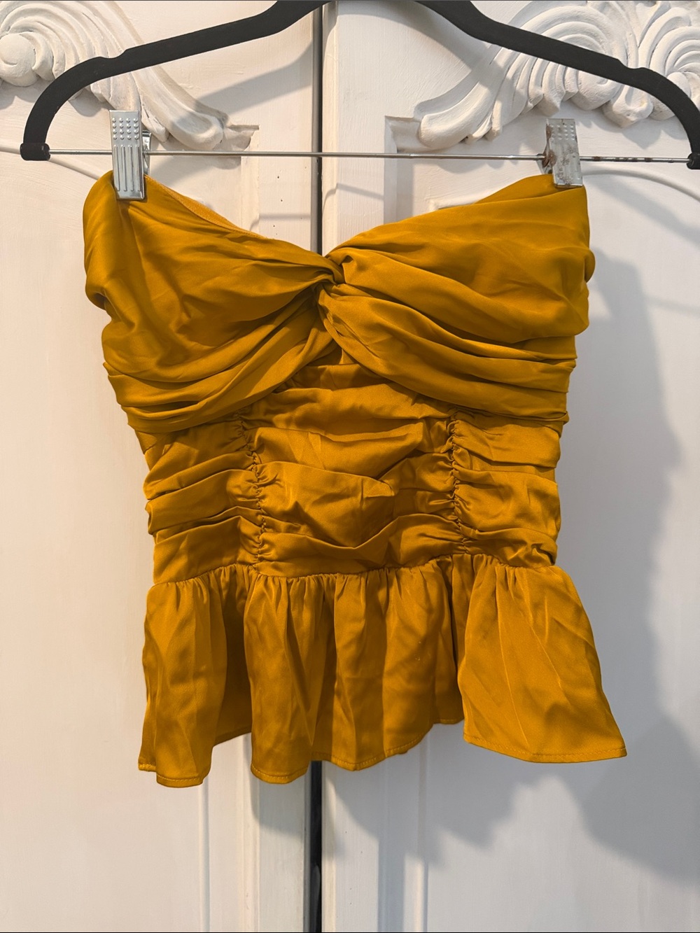 Express Yellow/gold Strapless Ruched Peplum Top